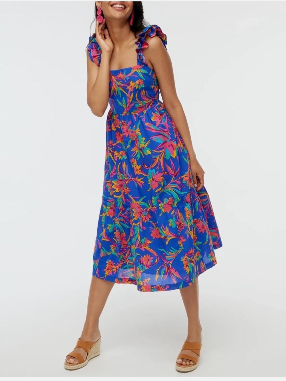 J. Crew Square Neck Tiered Floral Dress in a vibrant blue Ruffles Floral Maxi